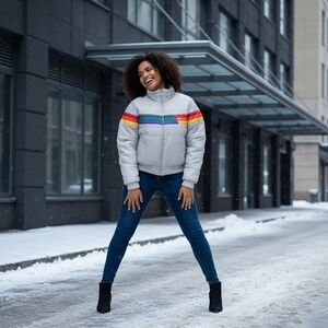 Vintage OP Gray Puffer Jacket with Colorful Stripes